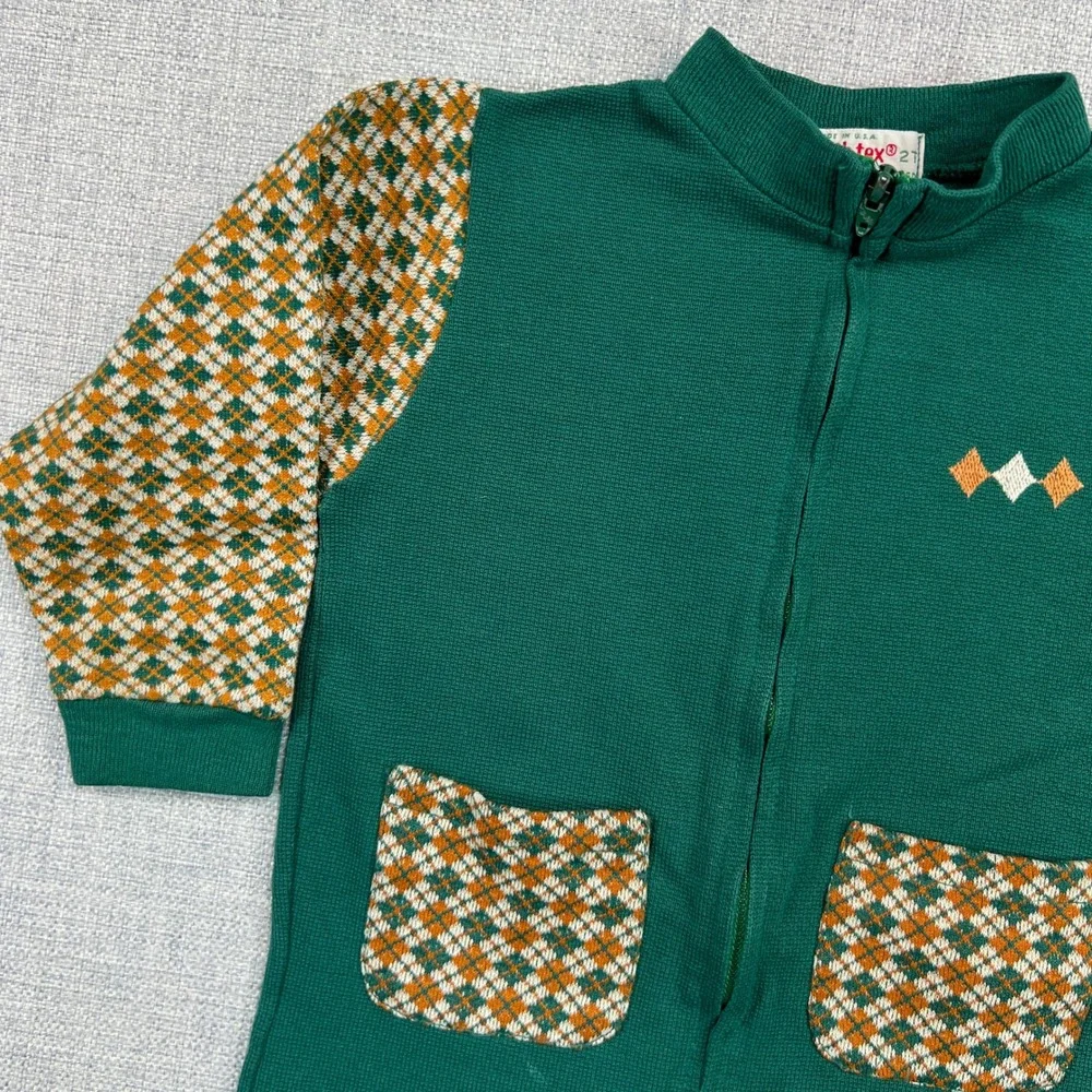 Vintage 70s Health-tex Argyle Knit Jumpsuit Toddler 2T Green Retro Playsuit‎